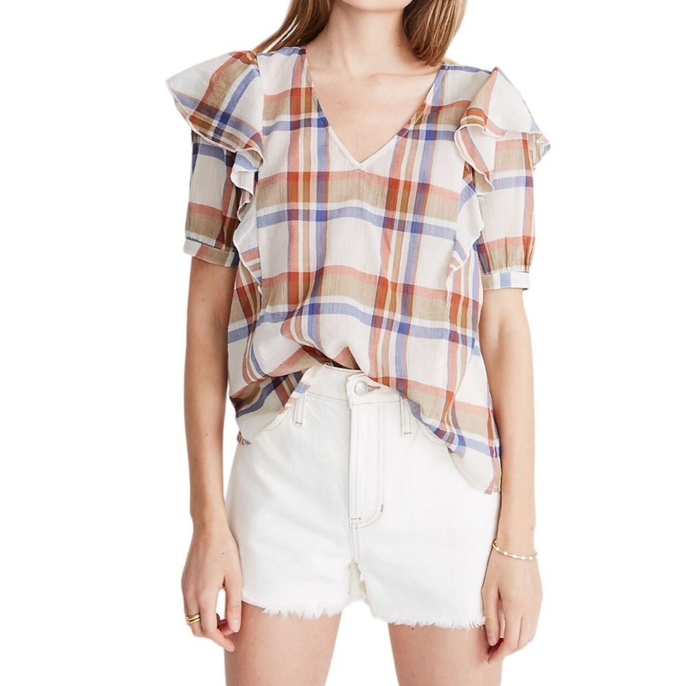 Madewell V Neck Shoulder Ruffle Top Plaid Cotton Size Medium Style AK049
